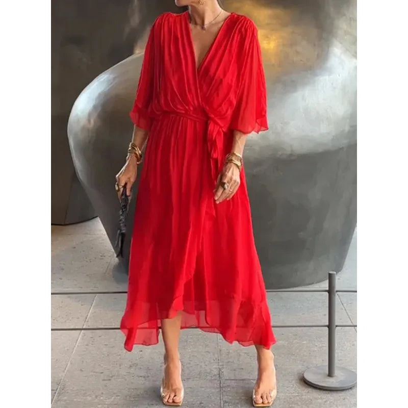 Vestido largo de gasa con escote en V para mujer: elegancia atemporal